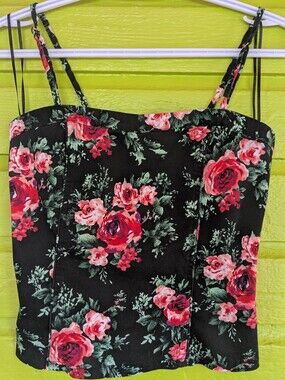 Bluenotes Black Floral Cotton Cami Tank Top with Pink and Red Roses